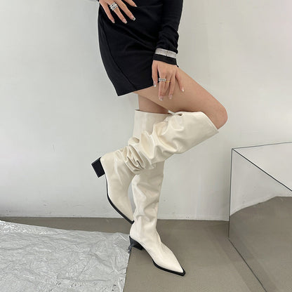 【シューズ】新作 レディース ブーツ くしゅくしゅ フレンチスタイル ポインテッドトゥ ミドルヒール ロングブーツ 秋冬用