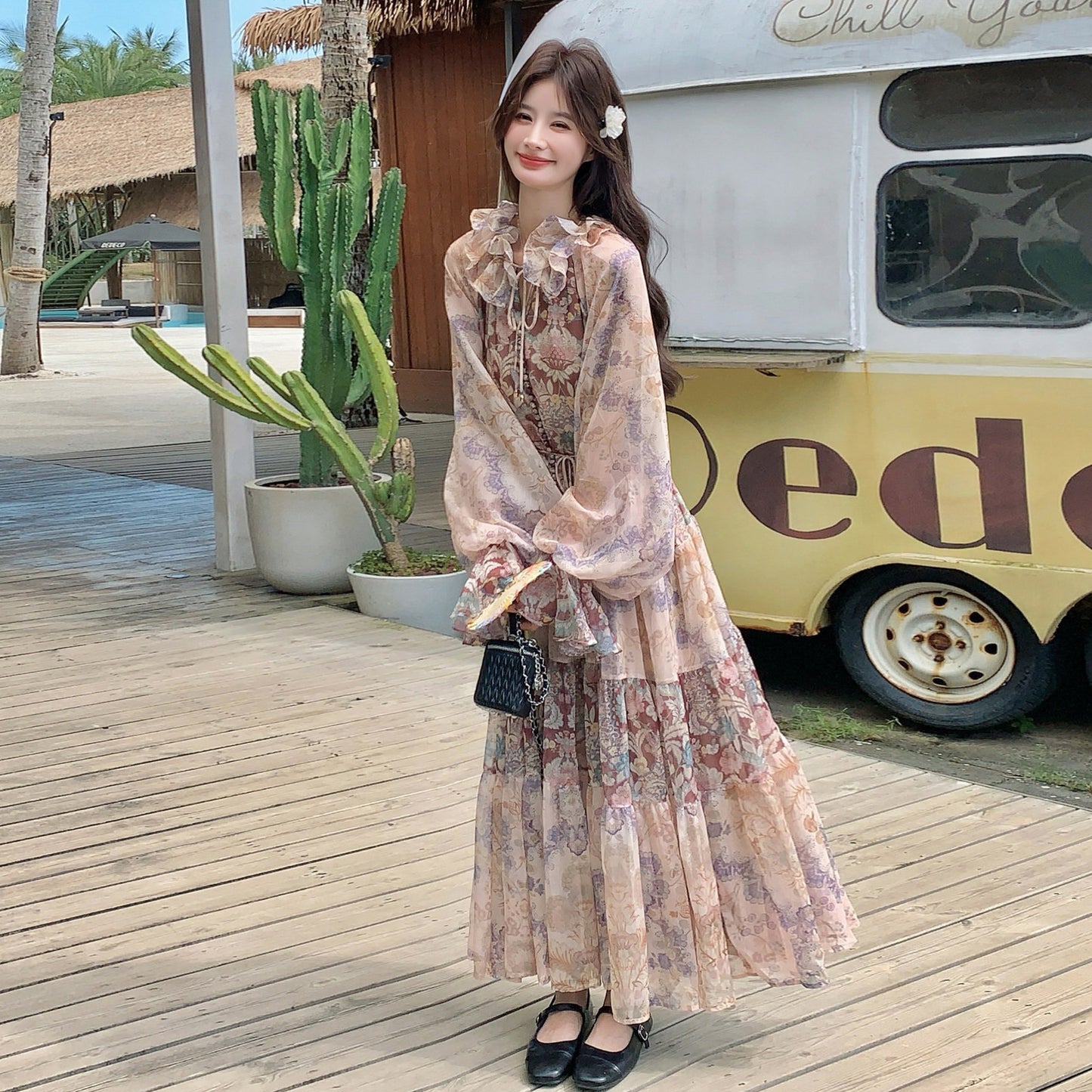 【ワンピース】フレンチプリントワンピース レディース 長袖 ウエストマーク ティーワンピース 春夏秋【SHシリーズ】