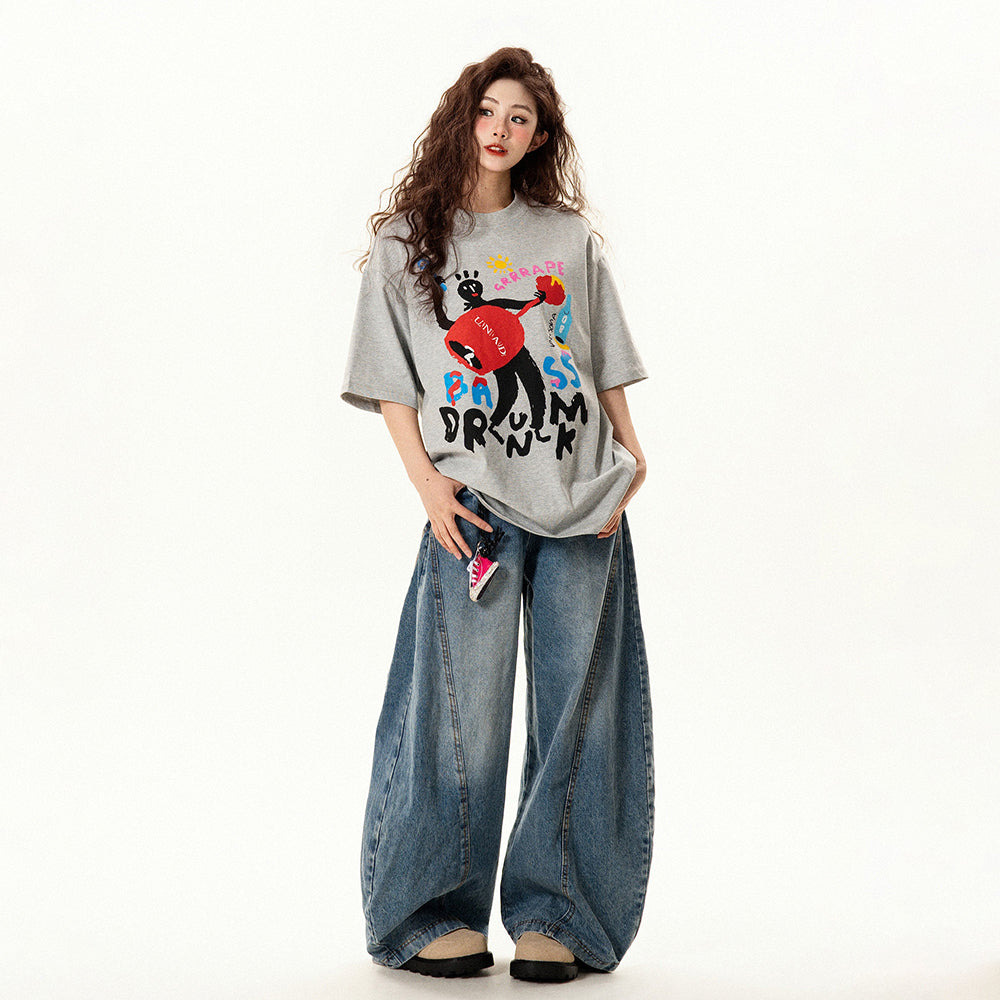 【トップス】アメリカンレトロ 趣味落書きプリント 半袖Tシャツ レディース 夏 ゆったり カジュアル【FCシリーズ】【15〜20日発送】