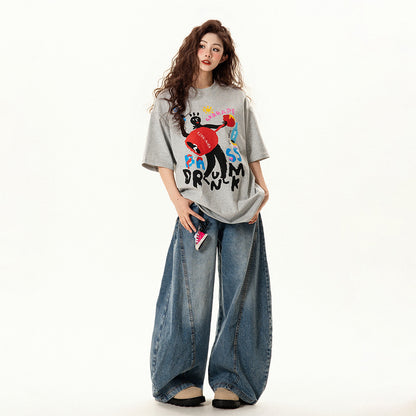 【トップス】アメリカンレトロ 趣味落書きプリント 半袖Tシャツ レディース 夏 ゆったり カジュアル【FCシリーズ】【15〜20日発送】