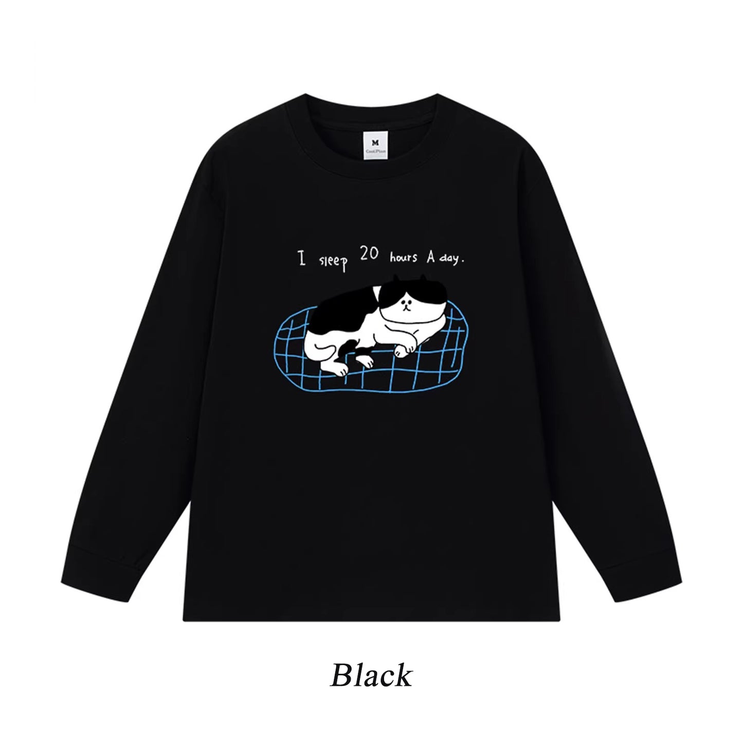 5カラー | S~3XL【トップス】猫のスリープタイム プリント 長袖Tシャツ コットン 秋 ゆったり トップス インナー【FCシリーズ】