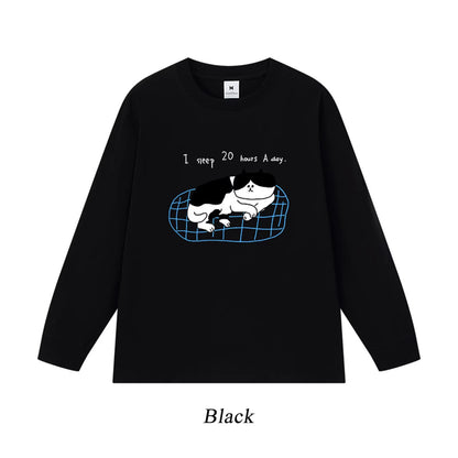 5カラー | S~3XL【トップス】猫のスリープタイム プリント 長袖Tシャツ コットン 秋 ゆったり トップス インナー【FCシリーズ】