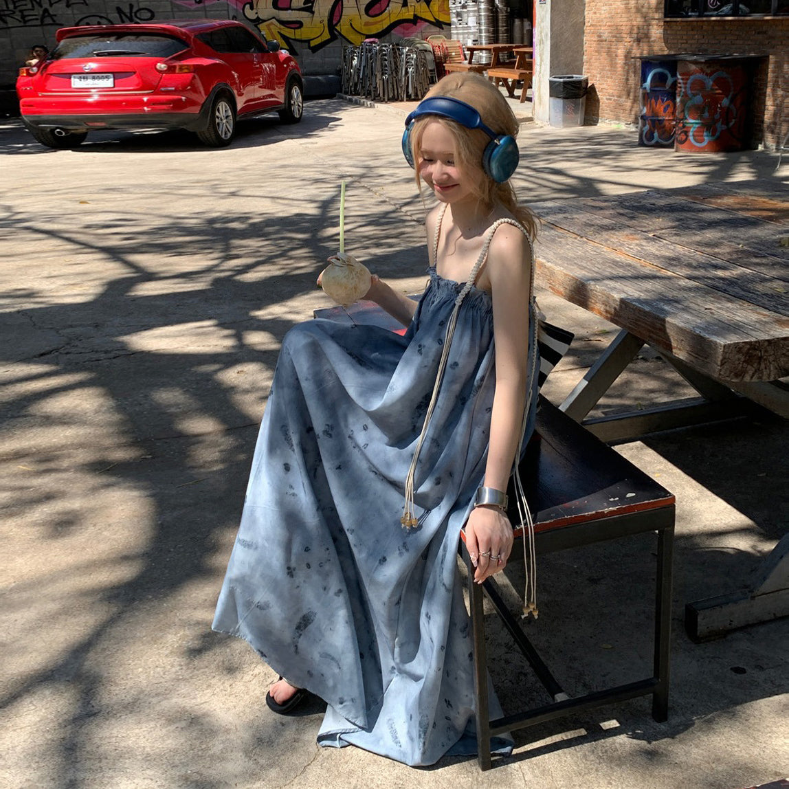 【ワンピース】夏新作 アート水墨画デザイン ゆったりカジュアル リラックスシルエット ノースリーブキャミワンピース【SHシリーズ】