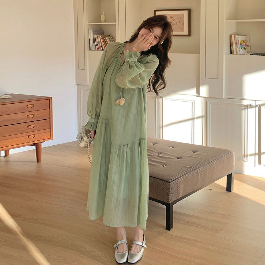 【ワンピース】グリーン フレンチ風ロマンティックワンピース新作 長袖 絶美ロングドレス【JZシリーズ】