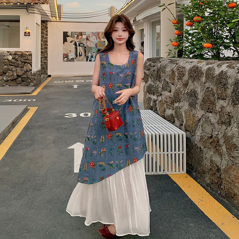 【ワンピース】フレンチ風エレガント お洒落配色プリント風フェイクレイヤード ノースリーブワンピース【SHシリーズ】