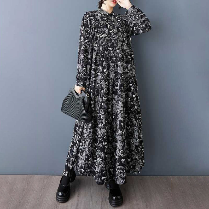 60%OFF⭐️期間限定【ワンピース】韓国風 大きいサイズ ゆったり 着痩せ ファッション プリント 長袖 ミディ ワンピース【SHシリーズ】