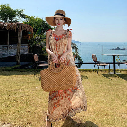 【ワンピース】ボヘミアン風 キャミワンピース レディース 夏 リゾートワンピース ロング丈 ノースリーブ 大人可愛い 海コーデ【SHシリーズ】
