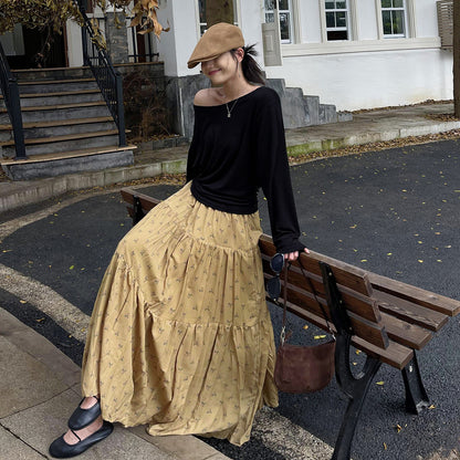 【ボトムス】初秋新作 レトロ ハイウエスト ゆったり見え スリム効果 切り替え シフォン 花柄スカート【SHシリーズ】