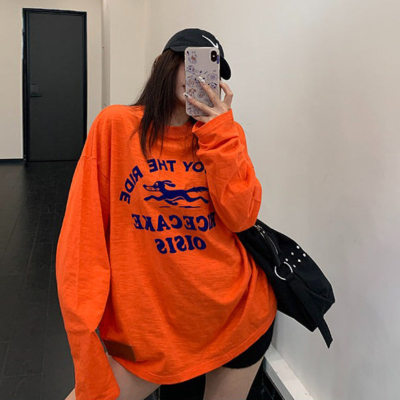 【トップス】カレッジ風ロゴ刺繍風ロンT レディース フロッキープリント ゆったり 古着風トップス 長袖Tシャツ【FCシリーズ】