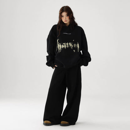 【トップス】レトロ感たっぷり ぼかしシルエットプリント ストリートゆるパーカー【FCシリーズ】