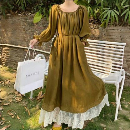 【ワンピース】7カラー 韓国風 ゆったり大きめサイズ オフショルダー レース スウィート ドレス 長袖ワンピース