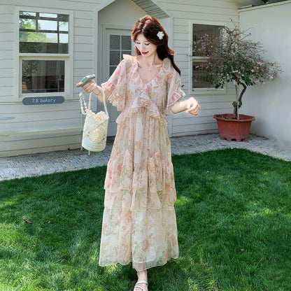 【ワンピース】大人可愛い 花柄ワンピース レディース 夏 ハイウエスト ロング丈 リゾート風 体型カバー 美シルエット【SHシリーズ】