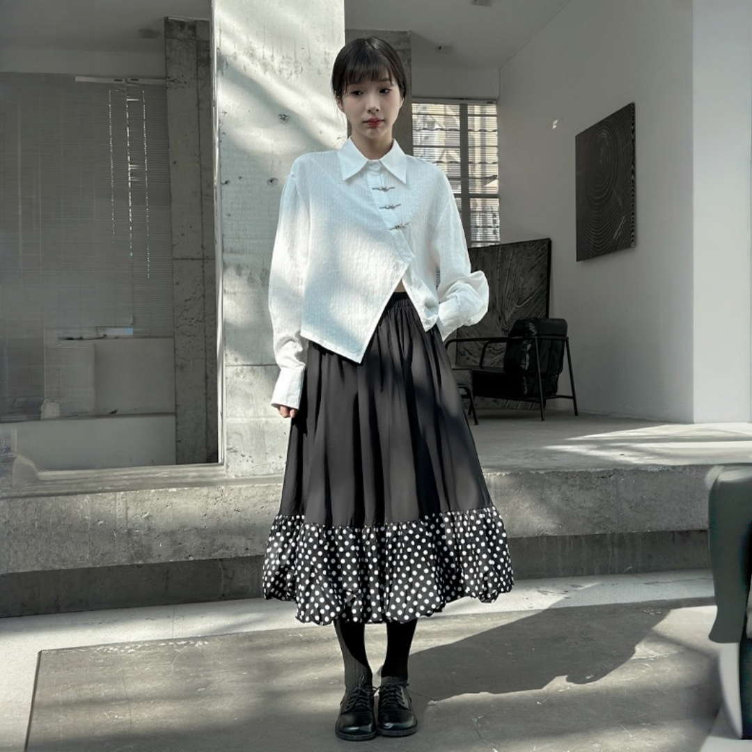 【ボトムス】春 秋 冬 ウエストゴム バルーン裾 ドット切り替え Aライン スカート 【AHシリーズ】