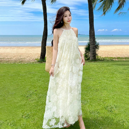貝殼立體刺繡紗裙｜掛脖海邊度假長裙【SH系列】