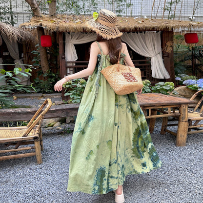 【ワンピース】水墨画風 グラデーションプリント ノースリーブワンピース 夏 大人可愛い 涼感 体型カバー リゾートワンピース【SHシリーズ】