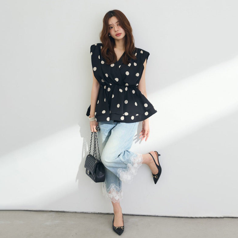 【トップス】ストライプ風 Vネック ノースリーブ ドット柄 ウエストマーク Tシャツ レディース きれいめ 若見え こなれ感【JZシリーズ】