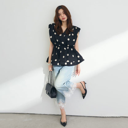 【トップス】ストライプ風 Vネック ノースリーブ ドット柄 ウエストマーク Tシャツ レディース きれいめ 若見え こなれ感【JZシリーズ】