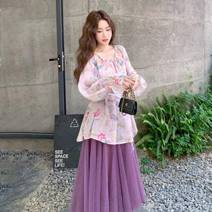 2点セット！【セットアップ】花柄 UVカットシースルーカーディガン＋チュールスカート 上下セット 春秋 フレンチロマンティック 超映え【SHシリーズ】