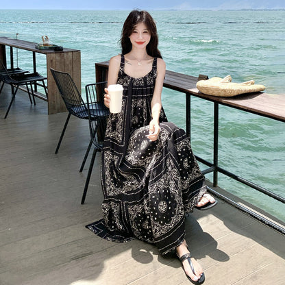【ワンピース】夏 ブラック×エスニック風 大人上品ノースリーブ  キャミソールロングワンピース【SHシリーズ】