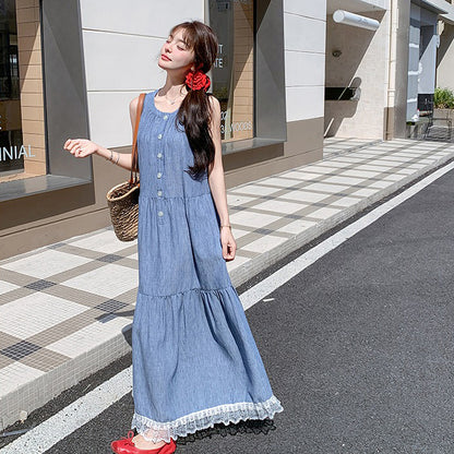 【ワンピース】ユニーク 優しげ 可愛い レース 切り替え ノースリーブ キャミソール ワンピース レディース 夏 フレンチ 気質 若見え マキシ丈【JZシリーズ】