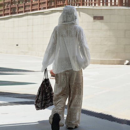 【アウター】韓国風 レース ジャカード×フード付き シャツ 涼しげで軽やか◎おしゃれ女子のための透け感サマートップス【JZシリーズ】