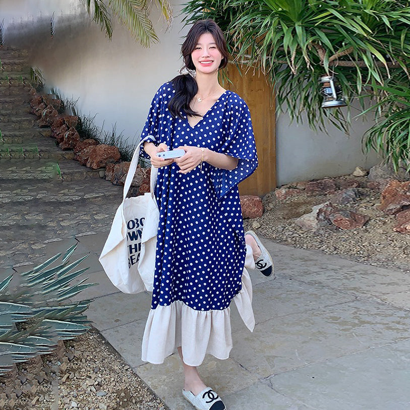 【ワンピース】高級感 ドット柄 シフォン 半袖ワンピース 超人気 おしゃれでリラックス感たっぷり リゾートロングドレス【SHシリーズ】