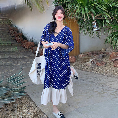 【ワンピース】高級感 ドット柄 シフォン 半袖ワンピース 超人気 おしゃれでリラックス感たっぷり リゾートロングドレス【SHシリーズ】