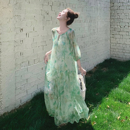 【ワンピース】森ガール風 グリーンぼかし柄 半袖 ワンピース 五分袖 大きめ裾 夏 フレンチリゾート風【SHシリーズ】