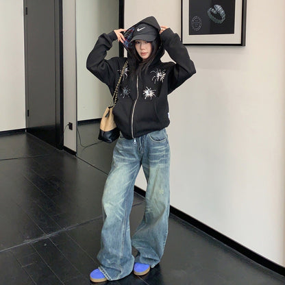 【アウター】刺繍 レトロ スパンコール ショート丈 フード付き ジャケット 【FCシリーズ】