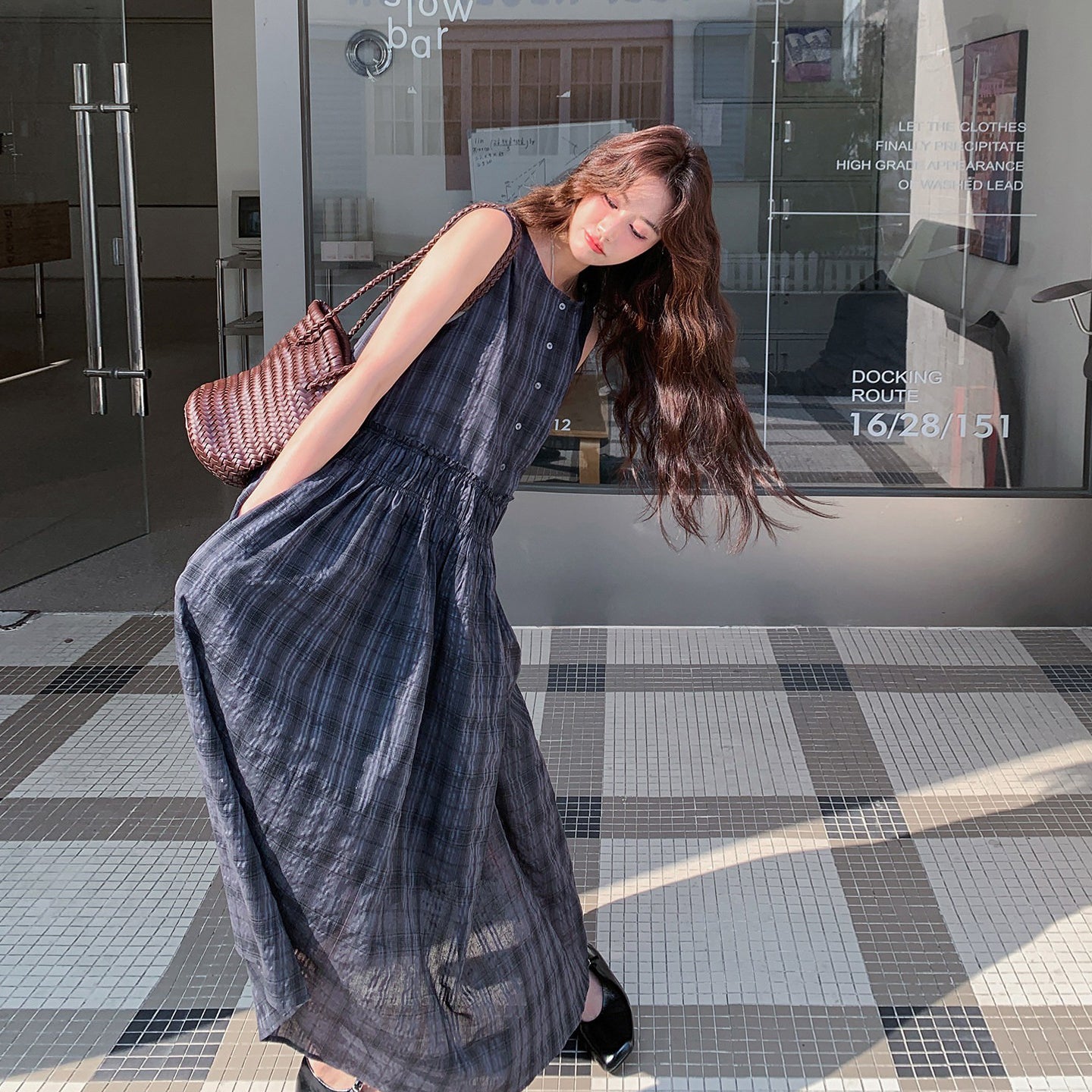 【ワンピース】韓国風 チェック柄 レディース 夏 ノースリーブ ロングワンピース 細見え 大人可愛い【JZシリーズ】