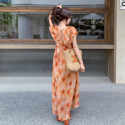 【ワンピース】ワンピース 夏 Vネック 半袖 ダイヤ柄プリント ロング丈 フレンチスタイル リゾート バカンス ゆったり 着痩せ 上品【SHシリーズ】