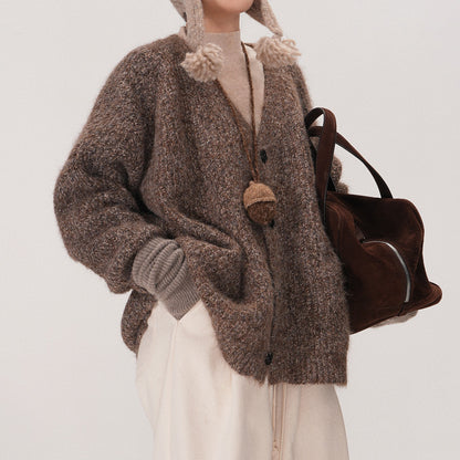 【アウター】秋らしいヘーゼルブラウンカラー♡ ミックス糸Vネックカーディガン ゆったりシルエットで大人可愛い雰囲気【JZシリーズ】【25~30日内発送】