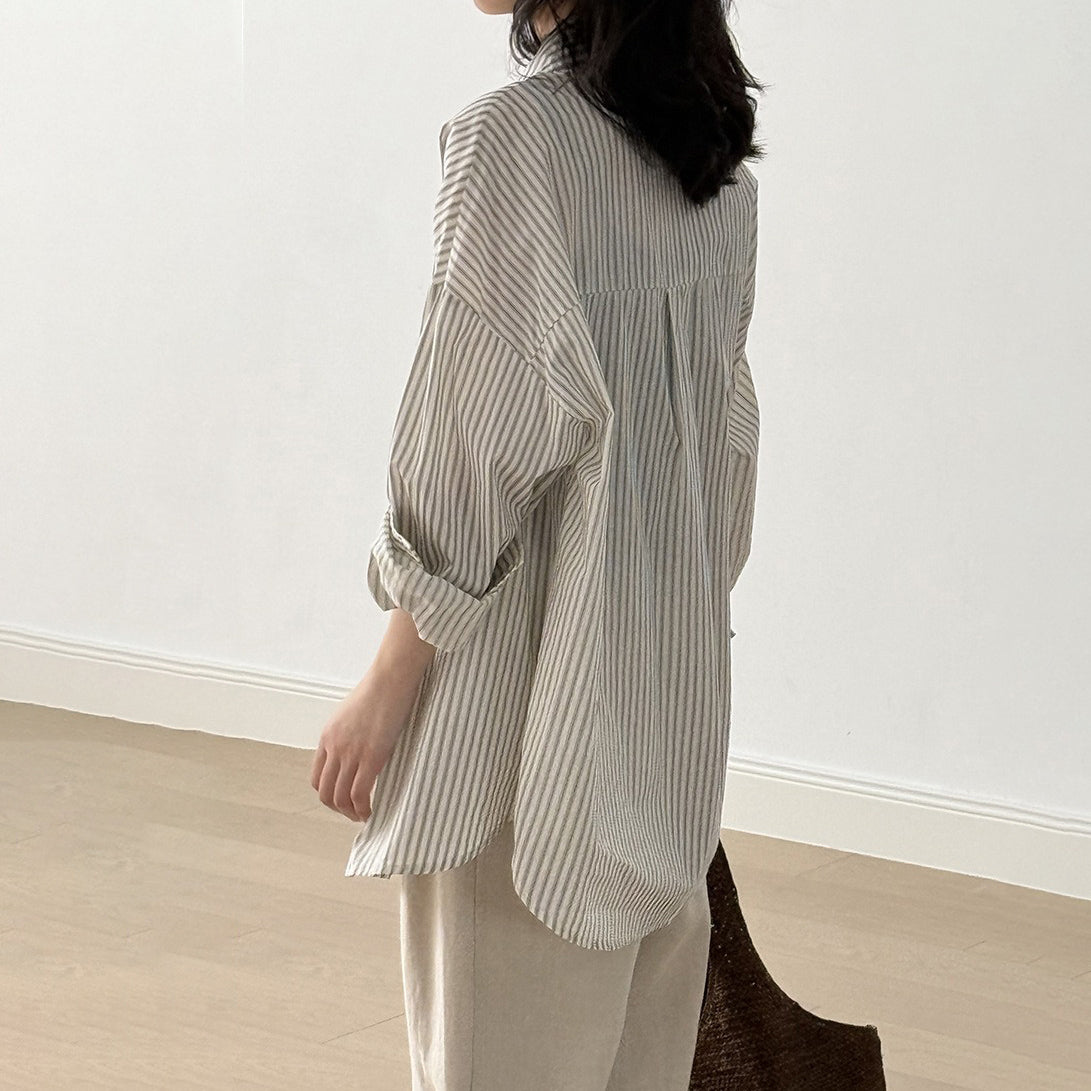 【トップス】カジュアル ヴィンテージ 夏 ゆったり 日焼け防止 ラフなストライプ 長袖シャツ【JZシリーズ】