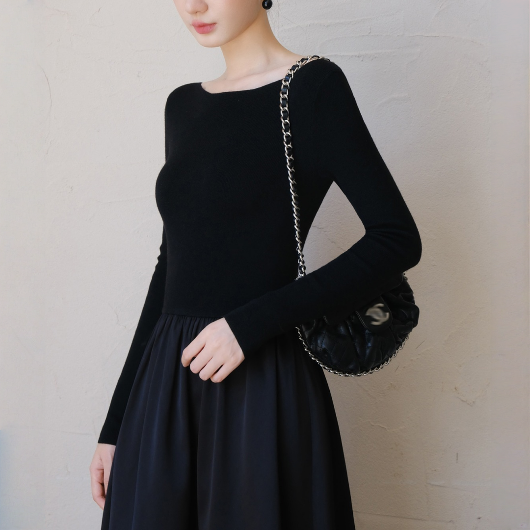 【ワンピース】春 秋 冬 ボートネック  切り替え 高級感 長袖 ワンピース【JZシリーズ】