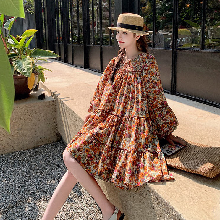 【ワンピース】ボヘミアン風 ファッション ビーチ 日焼け防止 フラワープリント 長袖ワンピース【SHシリーズ】