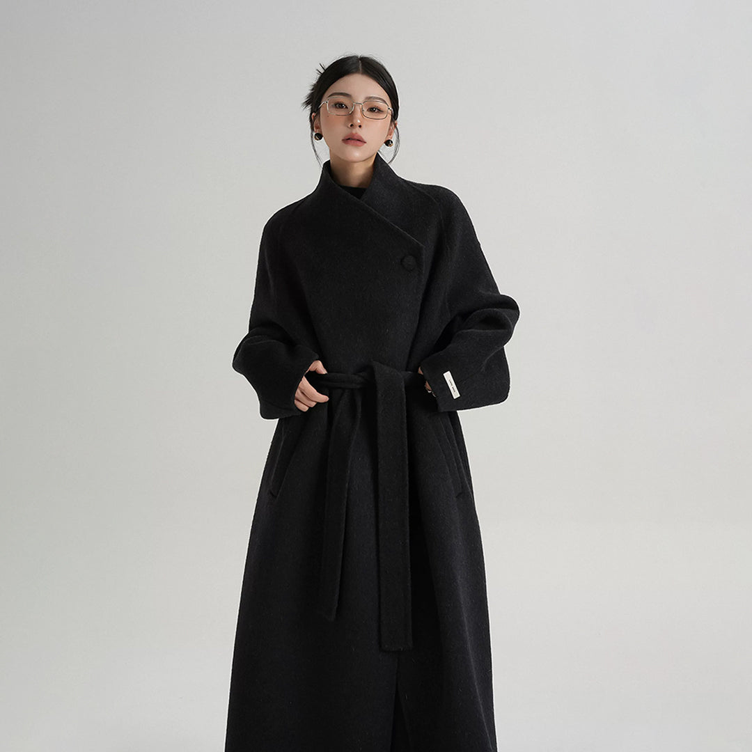 【アウター】気質と高級感 ミディアムロング 斜めボタン襟 ウールコート【JZシリーズ】