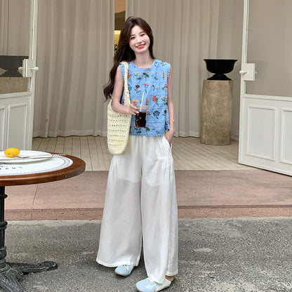 2点セット！【セットアップ】フレンチレトロ 重厚感フラワー刺繍 ノースリーブブラウス＋ワイドパンツ 上下セット【SHシリーズ】