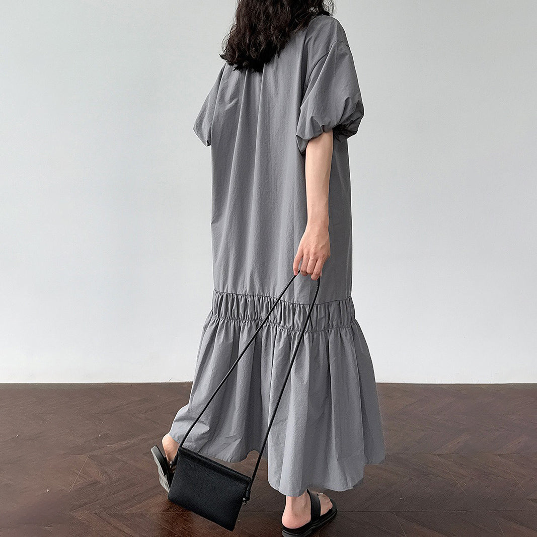 【ワンピース】韓国風 リボン付き パフスリーブ バルーンシルエット ロングワンピース 夏 着痩せ効果 半袖ドレス【JZシリーズ】