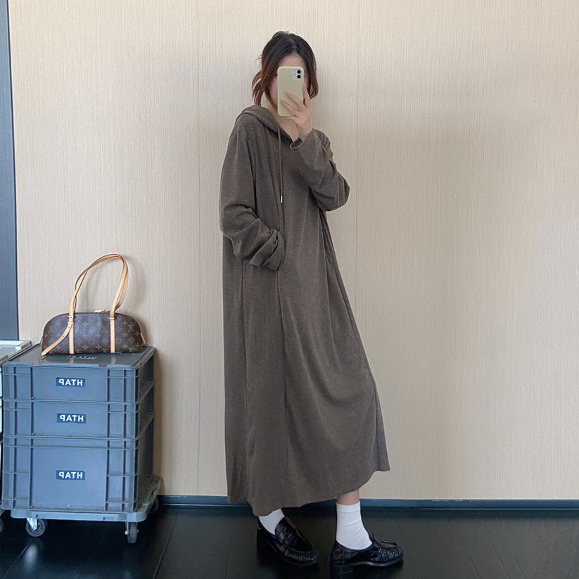 【ワンピース】韓国風ハーフジップフード付きワンピース レディース 秋新作 長袖 ロング丈 ゆったり 体型カバー【JZシリーズ】