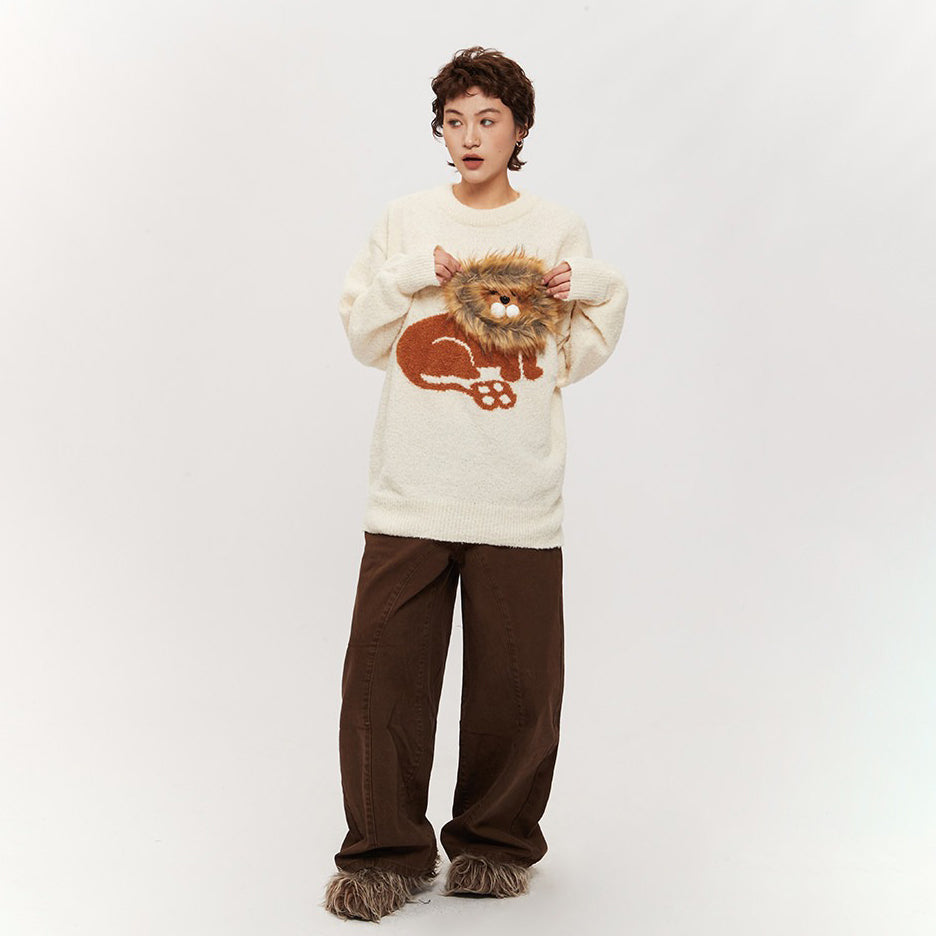 【トップス】ライオン柄 アメリカン カップル用 プルオーバーニット レディース 秋冬 新作 オーバーサイズ ゆるニット【FCシリーズ】