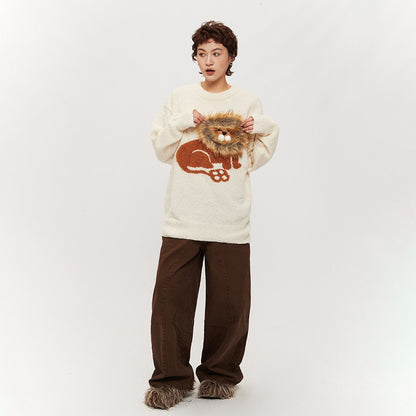 【トップス】ライオン柄 アメリカン カップル用 プルオーバーニット レディース 秋冬 新作 オーバーサイズ ゆるニット【FCシリーズ】