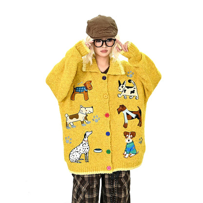 【アウター】子犬 刺繍 セーター ゆったりくつろぎ感 カーディガン【FCシリーズ】