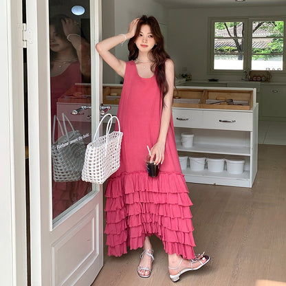 【ワンピース】夏 韓国系 気質 ケーキスカート フィリピンピンク ノースリーブ ワンピース