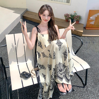 【ワンピース】フレンチリゾート風  夏新作 超映え民族風プリント  ノースリーブワンピース【SHシリーズ】