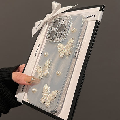 【グッズ】iPhone 16 Pro Max / 15 Pro / 14 Plus / 13 / 12 Pro / 11 用 高級感 ラグジュアリー 新作 立体パール 蝶モチーフ キラキラ ミラーケース レディース スマホカバー