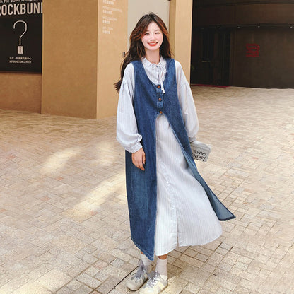 2点セット！【セットアップ】韓国風 デニムワンピースセット レディース シャツワンピ レイヤードスタイル ゆったり 2点セット 秋服【JZシリーズ】