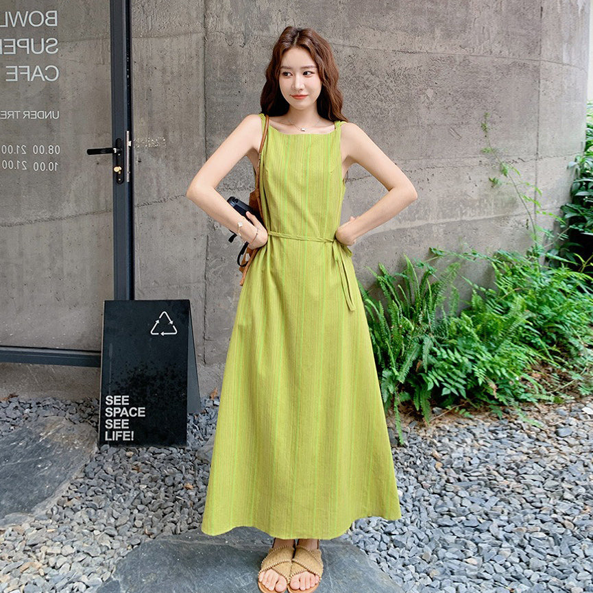 ワンピース】ライムグリーン ストライプ 配色 ノースリーブキャミ