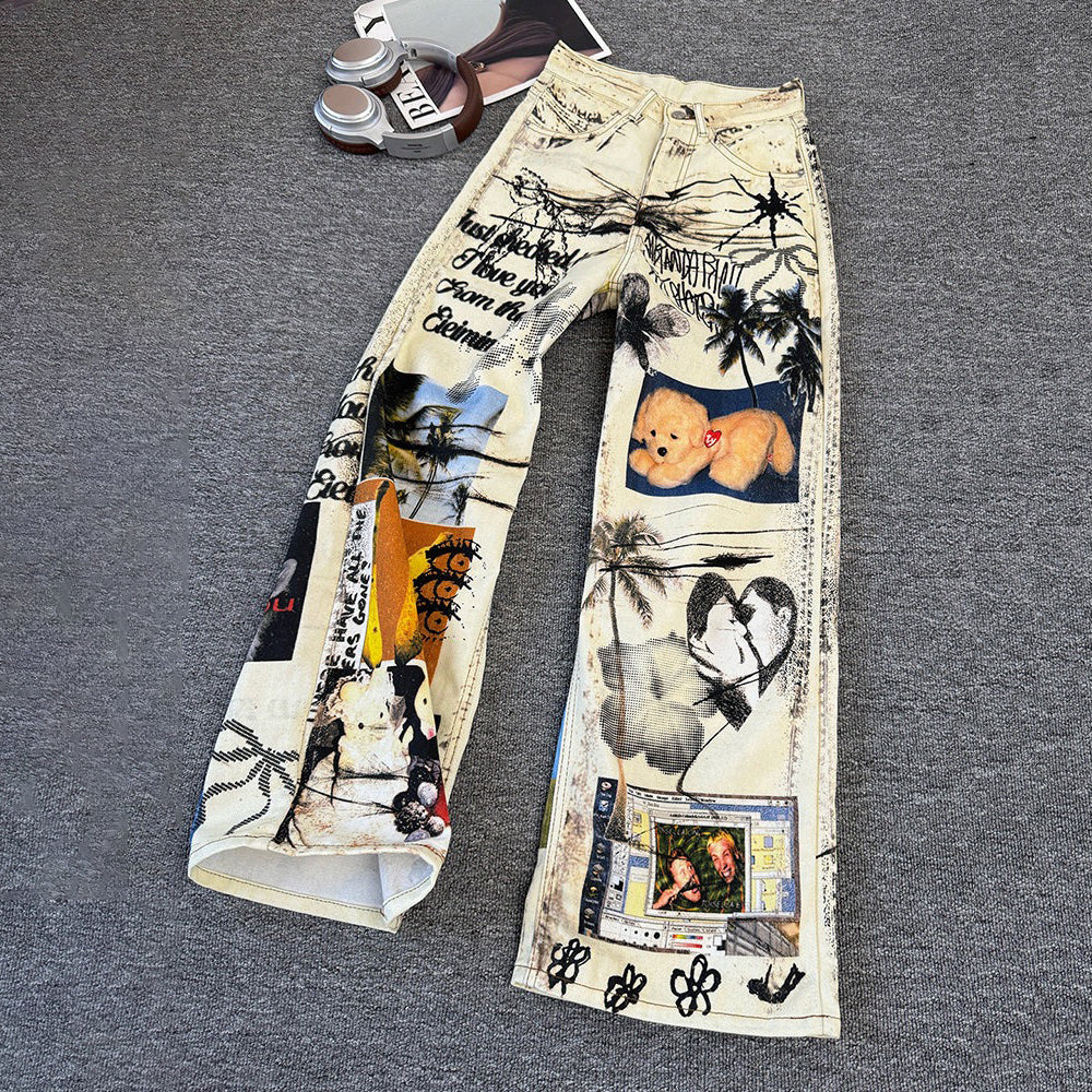 【ボトムス】アメリカンストリート ヴィンテージ加工 グラフィティプリント ウォッシュド ワイドデニムパンツ ユニセックス【SHシリーズ】