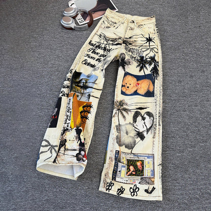 【ボトムス】アメリカンストリート ヴィンテージ加工 グラフィティプリント ウォッシュド ワイドデニムパンツ ユニセックス【SHシリーズ】