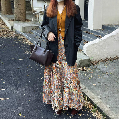 【ボトムス】花柄デザイン ハイウエスト ロングスカート Aライン 落ち感【SHシリーズ】